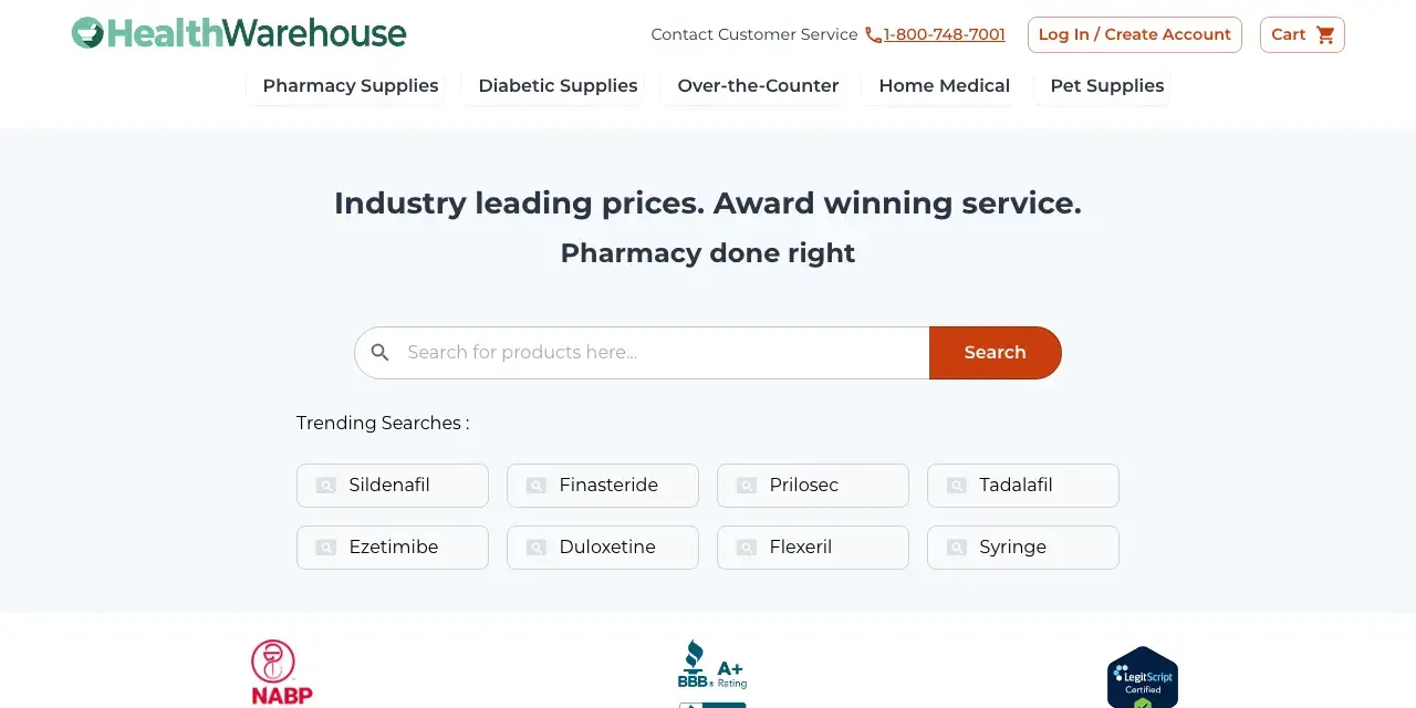 HealthWarehouse homepage: green logo, Montserrat type, an orange search button, and square-cornered search chips.
