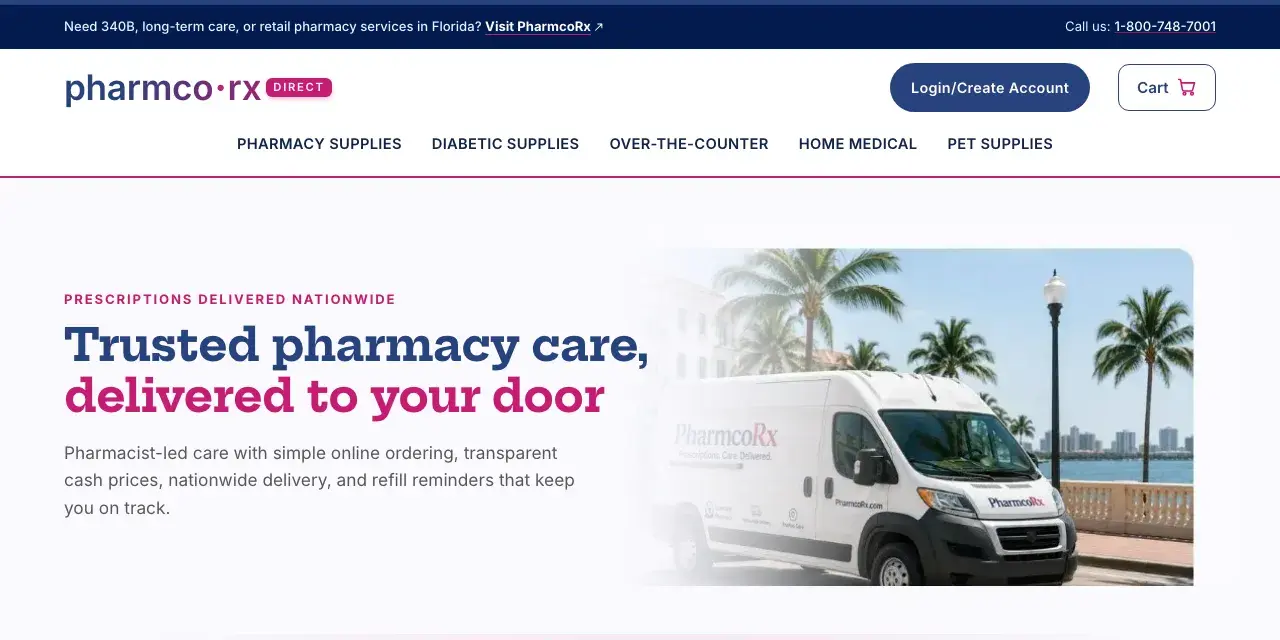 PharmcoRx homepage: its own header and a split hero with a slab-serif headline, Inter body type, and pill-shaped buttons.