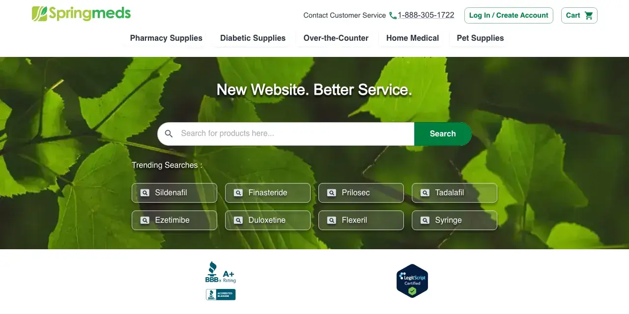 SpringMeds homepage: the same header, search, and chips as HealthWarehouse, in green over a photo of leaves.